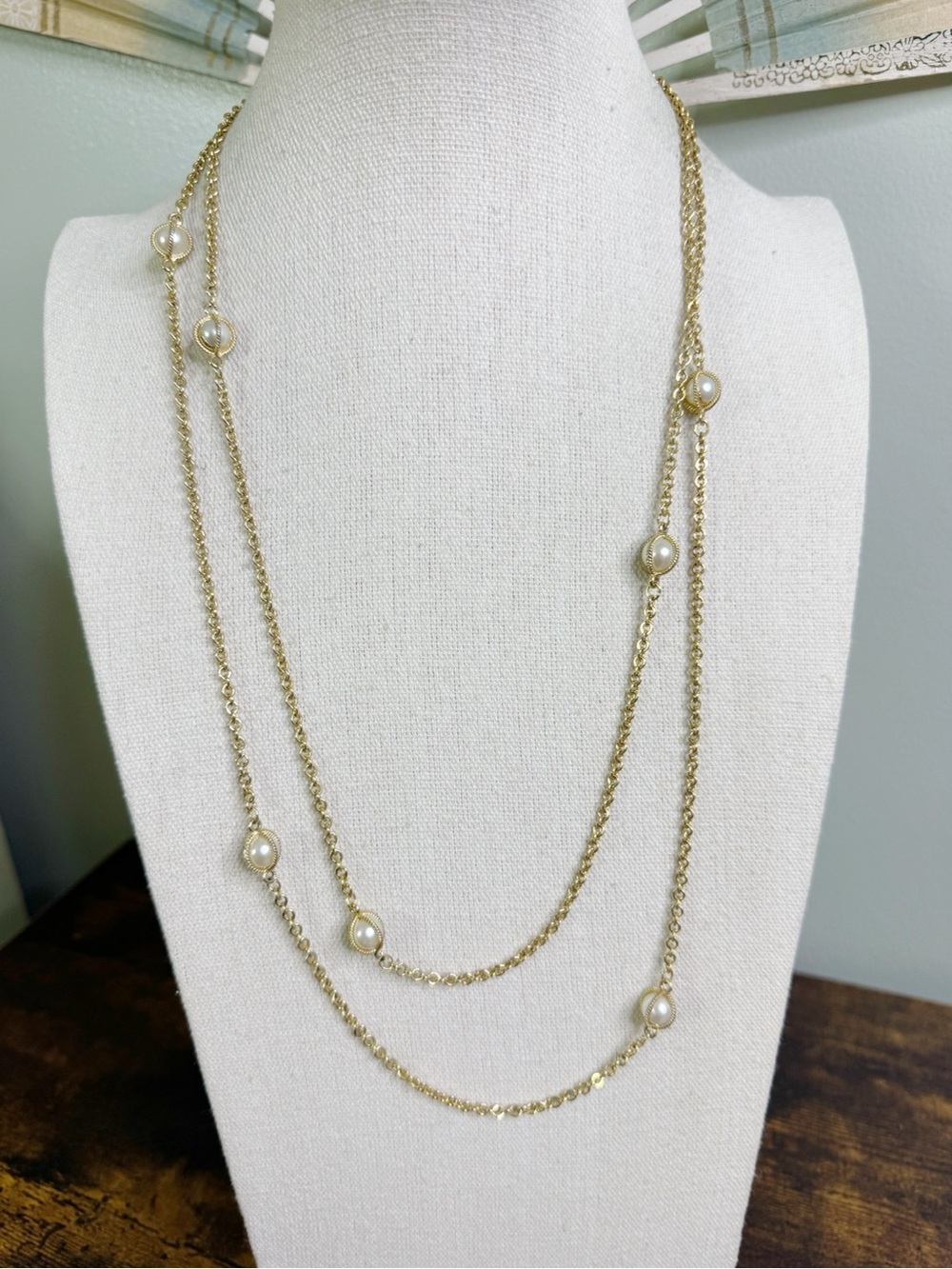 Vintage Gold and Cream Layered Pearl Station Necklace
